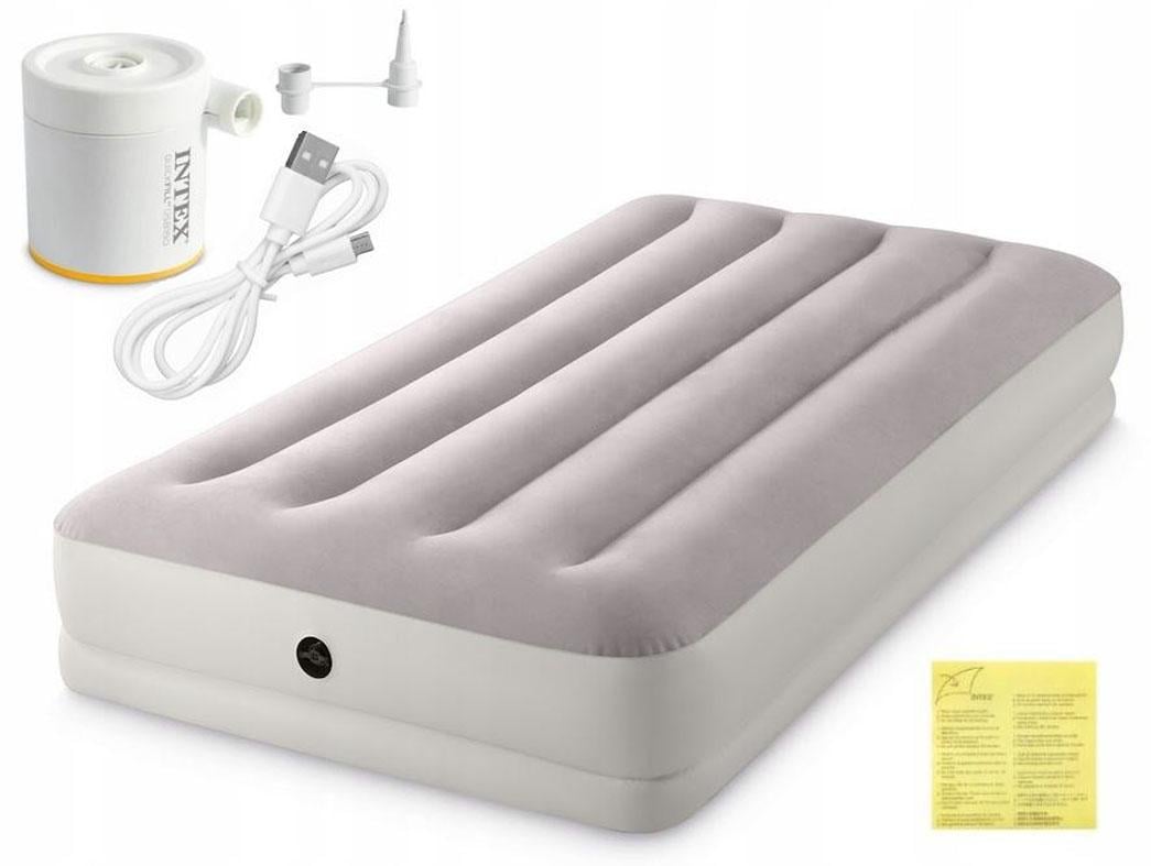 Надувне ліжко Intex 64177 із портативним USB-насосом велюрове з технологією Fiber-Tech 99х191х30 см Бежевий (34-9-64177)