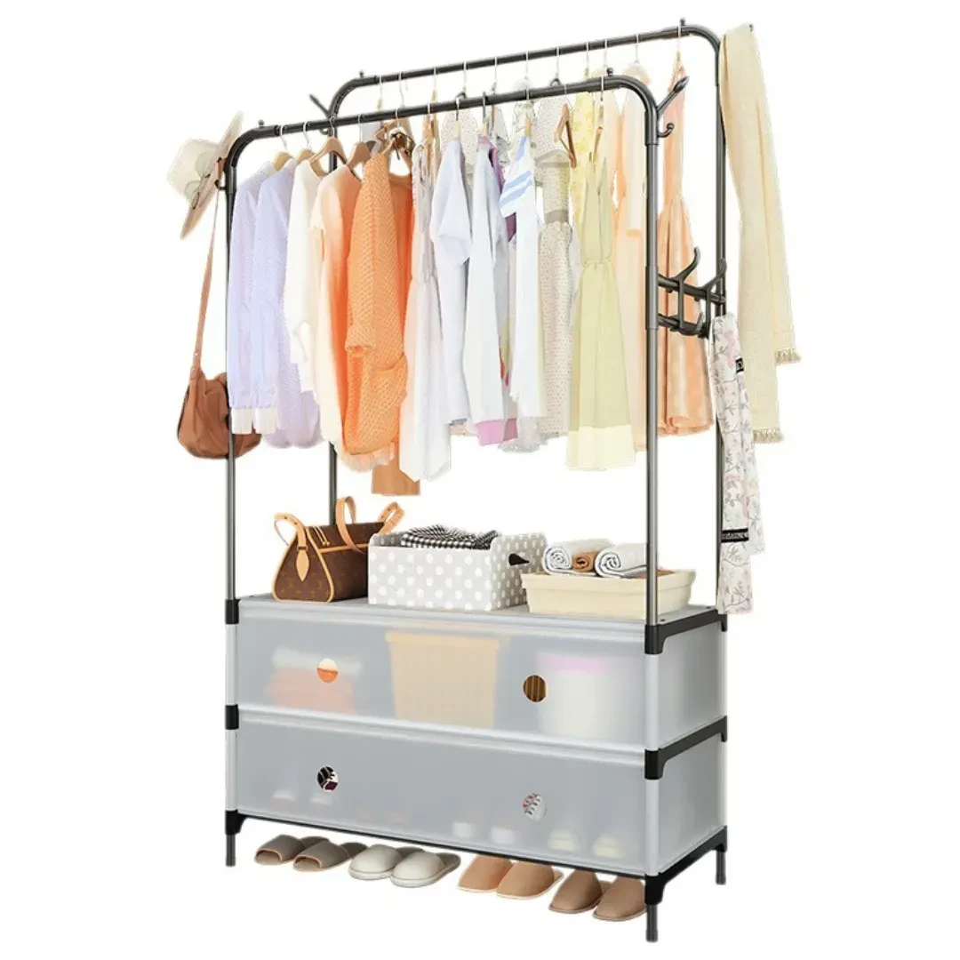 Вішалка підлогова для одягу з 2 ящиками (63х28х128 см): металева стійка-гардероб з бічними гачками, Чорна