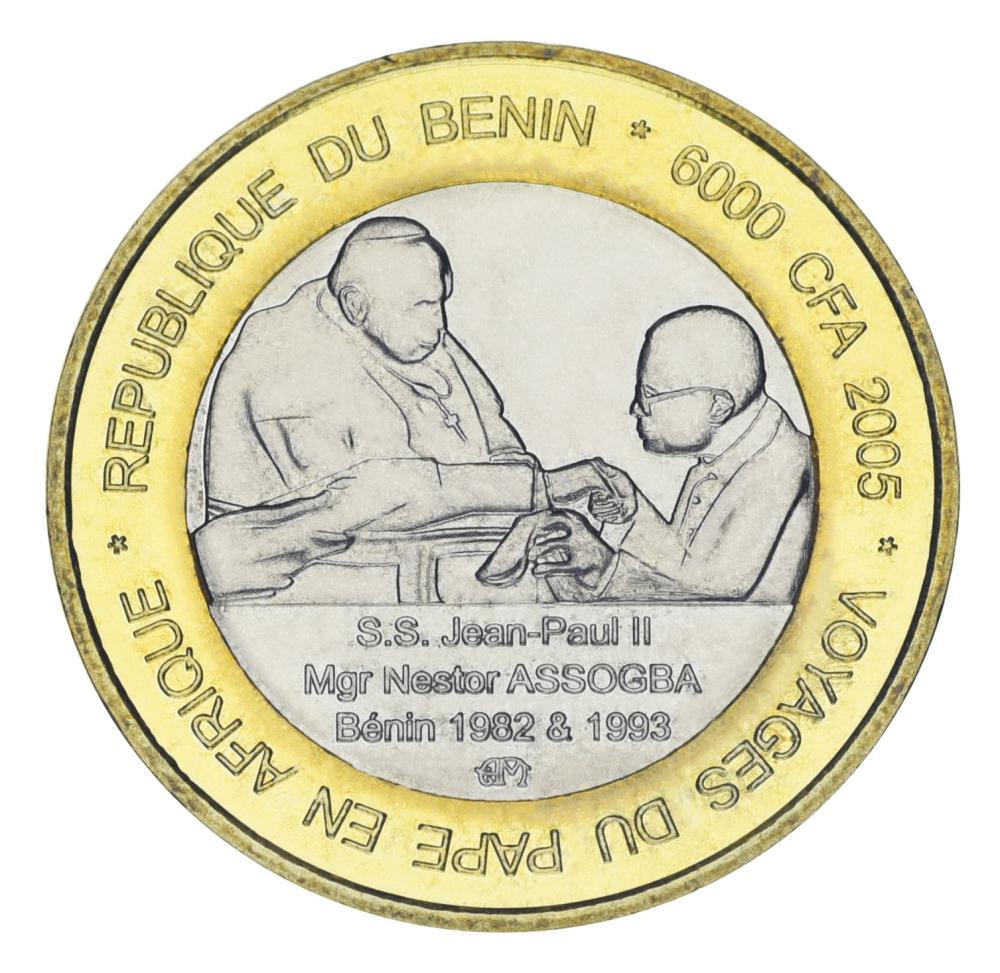 Коллекционная монета Бенин 6000 франков 2005 Биметалл UNC Иоанн Павел II в Африке (М02024)