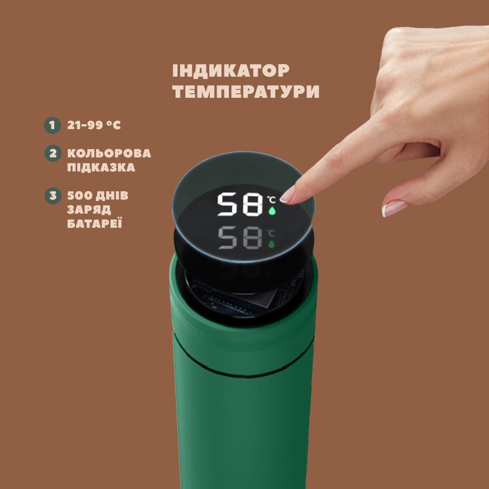 Смарт-термос з датчиком температури 500 мл Зелений (22854191) - фото 2 Смарт-термос з датчиком температури 500 мл Зелений (22854191) - фото 2