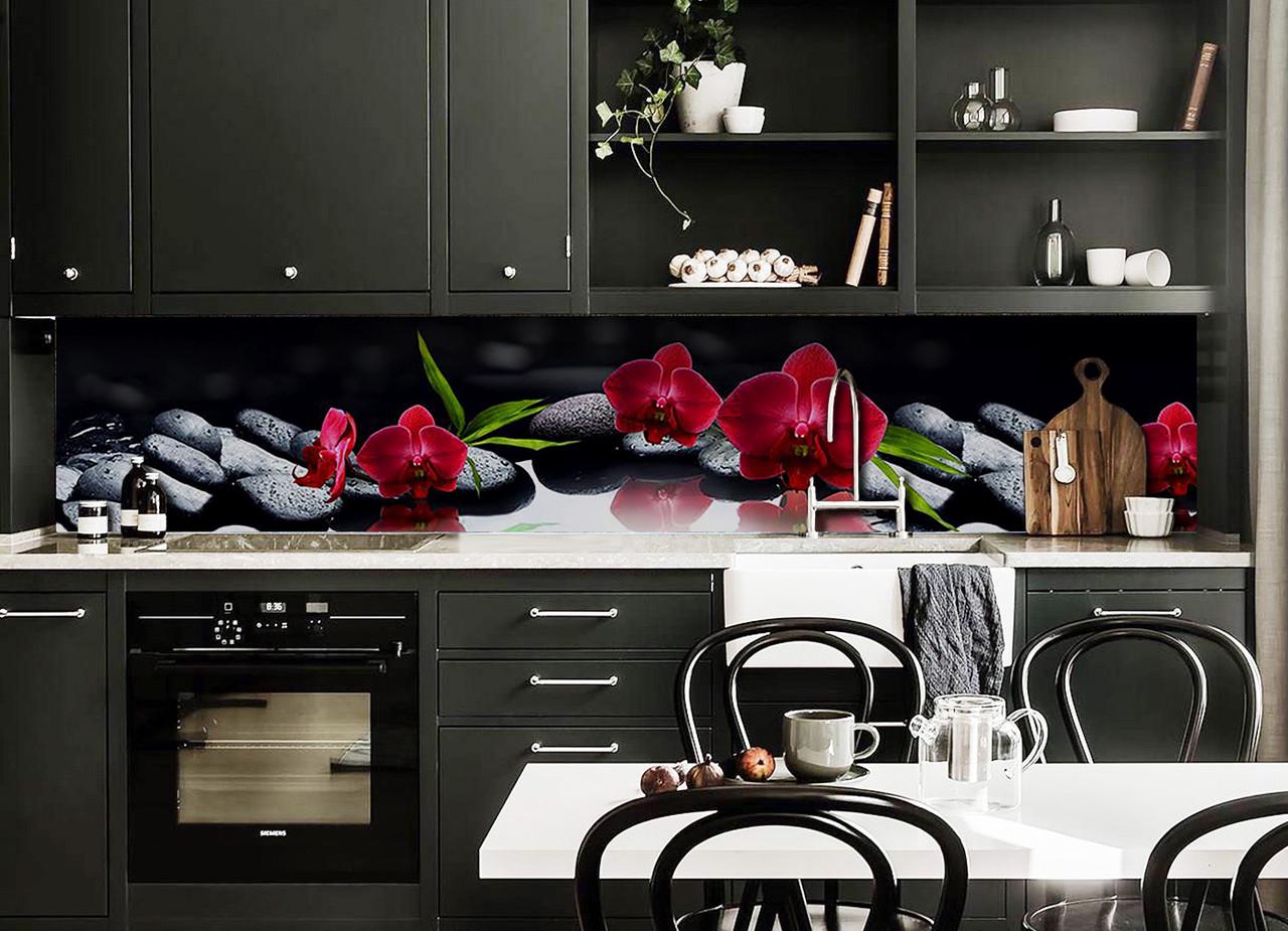 Кухонный фартук Алая орхидея/Черные камни 60х300 см Черный