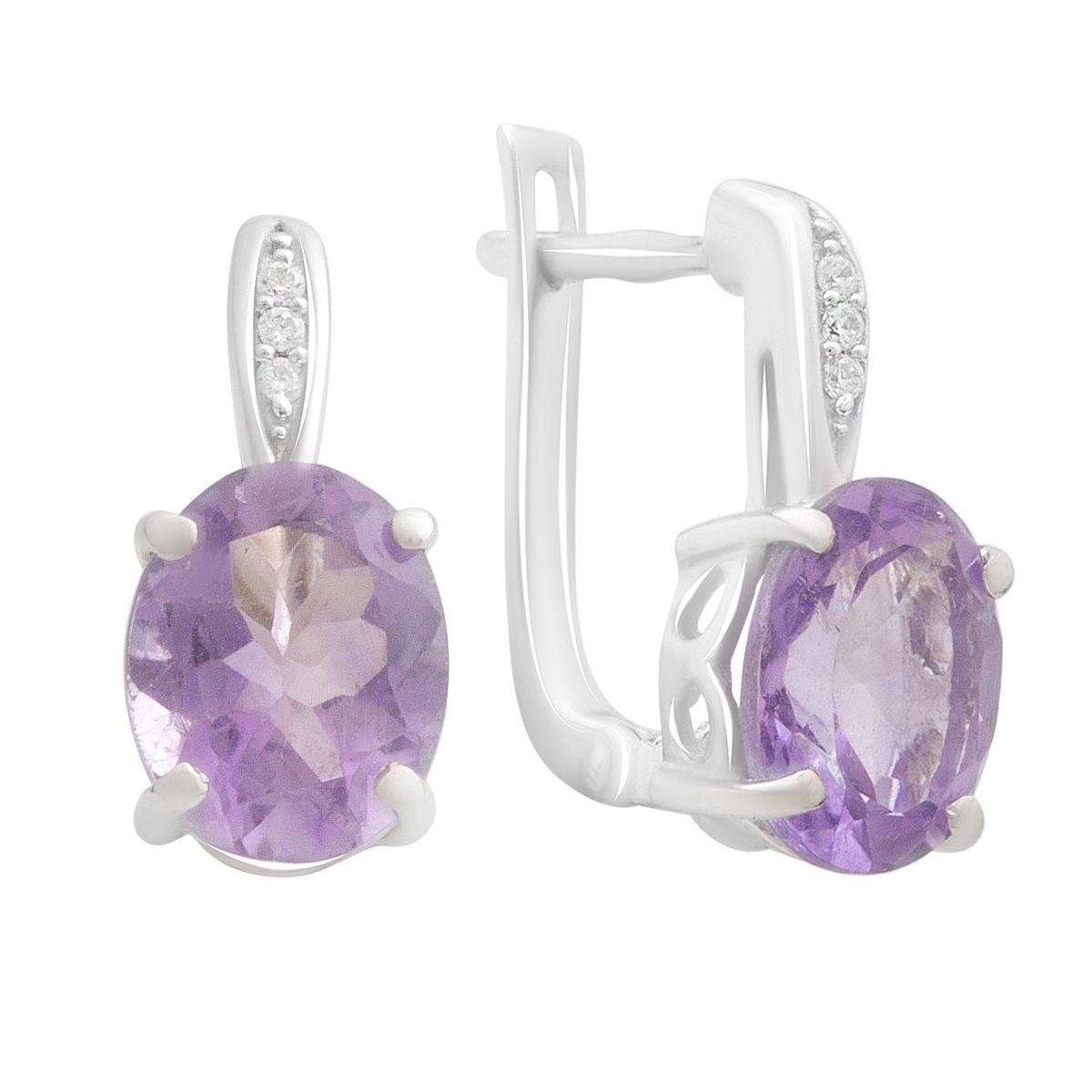 Сережки срібні з натуральним аметистом овальної форми та світлими вставками Сережки срібні з натуральним аметистом овальної форми та світлими вставками