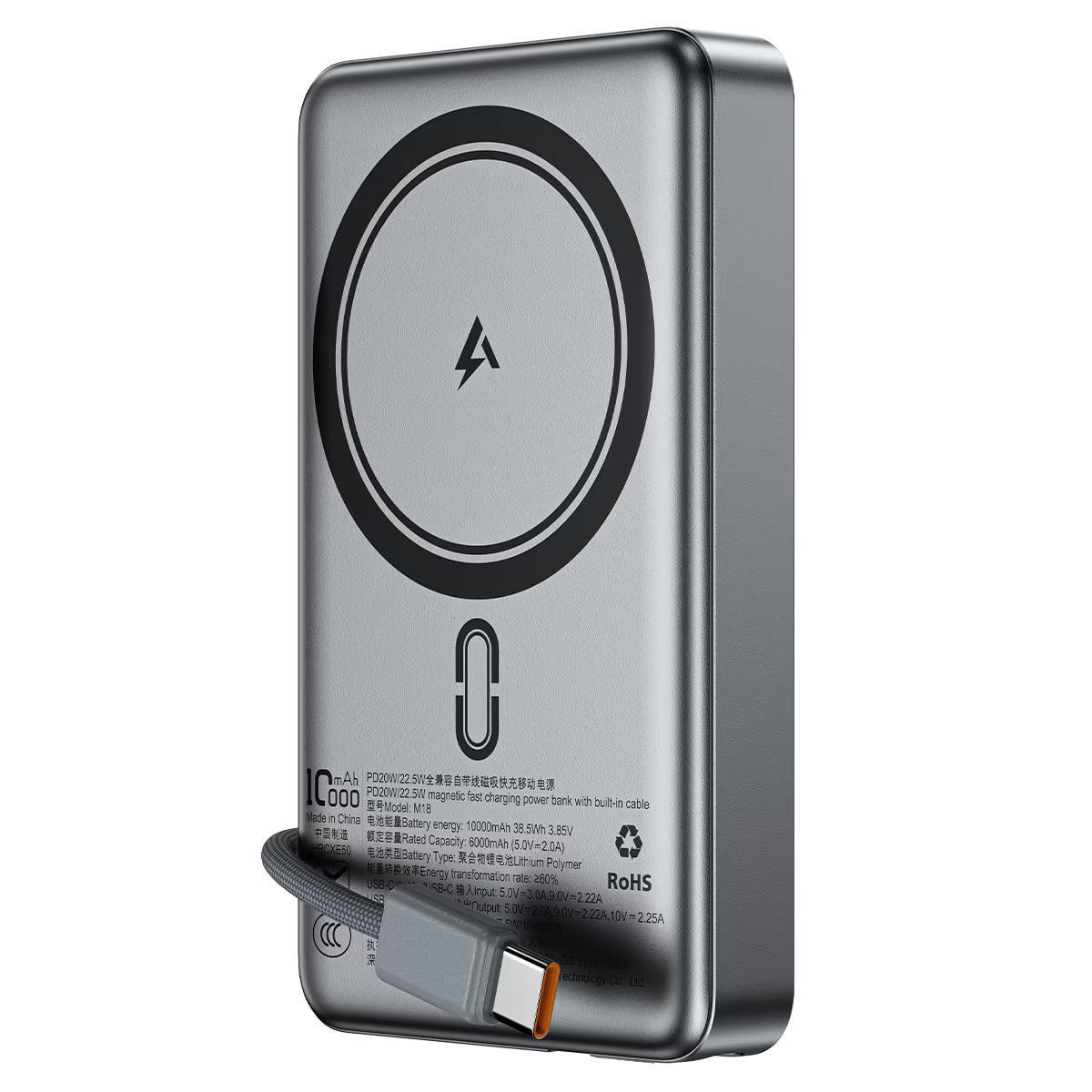 Аккумулятор наружный Acefast M18-10000 PD20W/22,5W magnetic fast charging power bank with built-in cable Black (34645822)