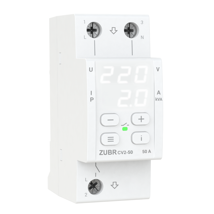 Реле напряжения ZUBR CV2-50 однофазное с контролем тока 50A max 60A 11000BA (4820120222603) Реле напряжения ZUBR CV2-50 однофазное с контролем тока 50A max 60A 11000BA (4820120222603)