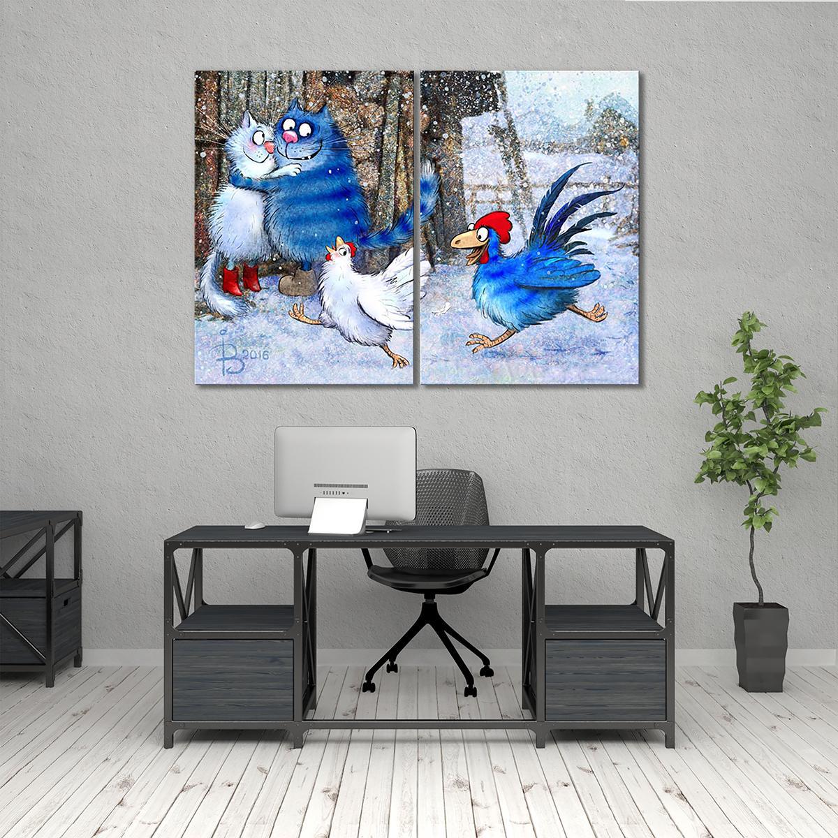 Модульная картина Кот и Петух ухлёстывают за дамами 2 модуля 80x120 см