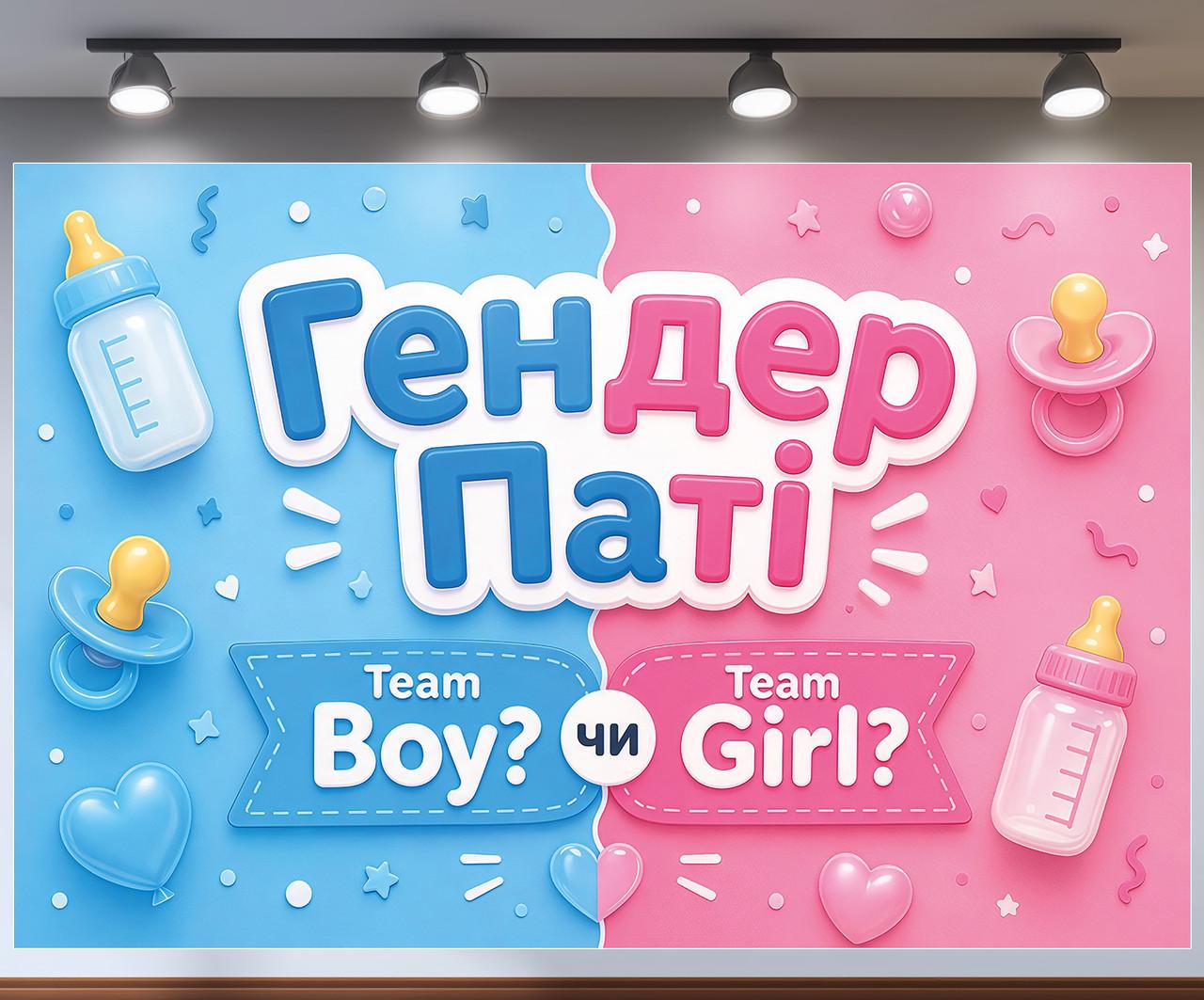 Фотозона баннер Гендер Пати Team Boy или Team Girl с пустышками и бутылочками 240x160см, №48818