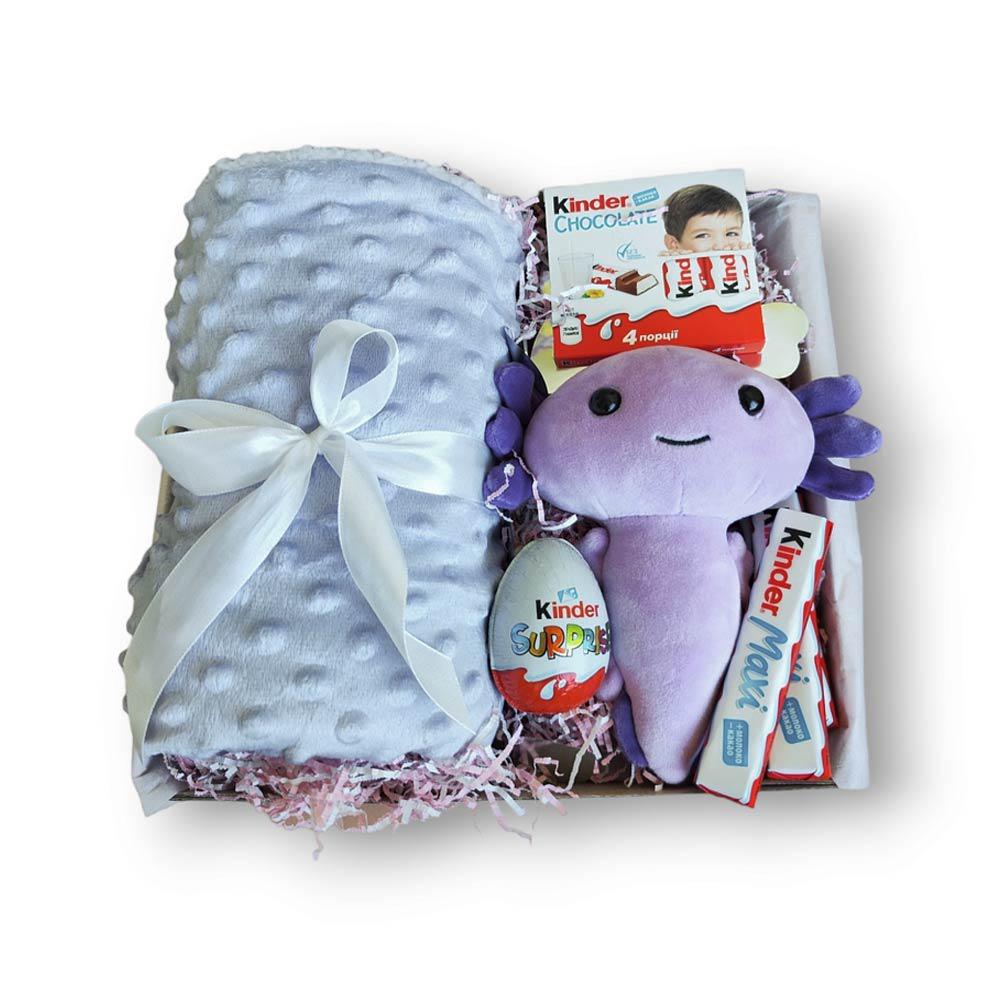 Подарочный набор детский с мягкой игрушкой аксолотль фиолетовый и пледом (GB-0010)