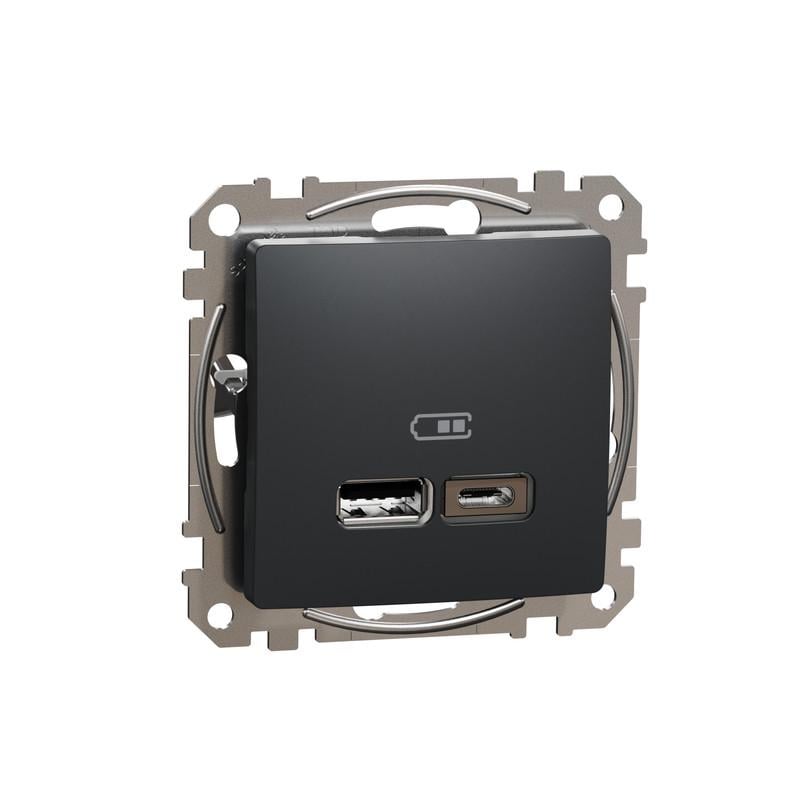 Розетка Schneider Electric USB тип A+C Sedna Design&Element 24А ABS-PC ABS-PC Чорний (SDD114402)