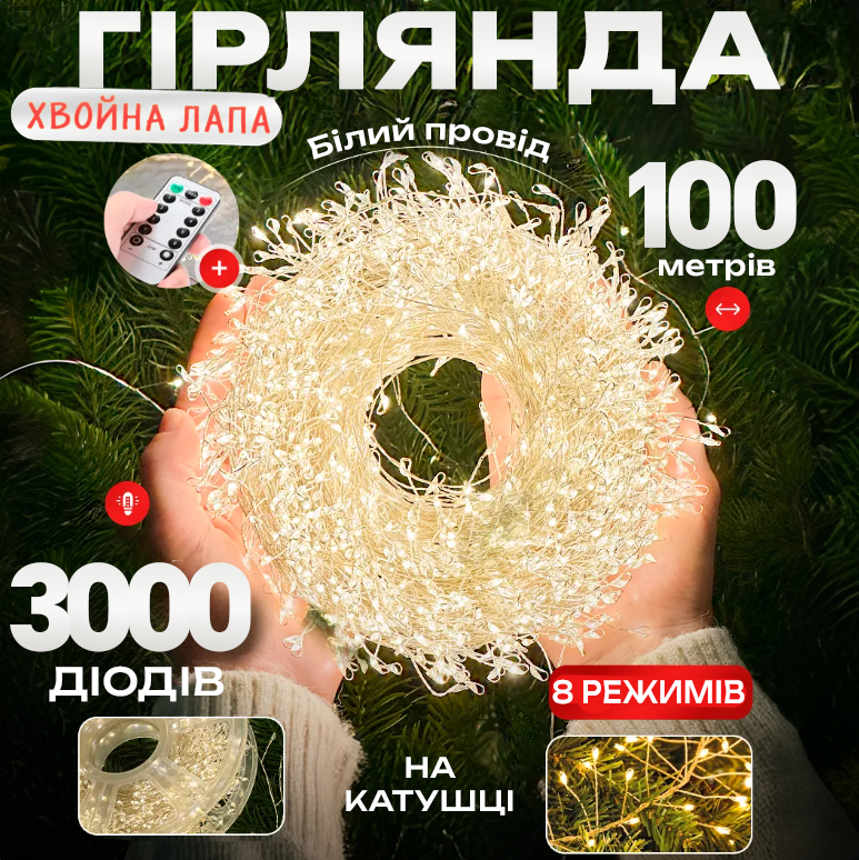 Гирлянда-мишура новогодняя Хвойная лапа 100 м 3000 led от сети с пультом белый провод для елки Золото (Е500307) - фото 2 Гирлянда-мишура новогодняя Хвойная лапа 100 м 3000 led от сети с пультом белый провод для елки Золото (Е500307) - фото 2