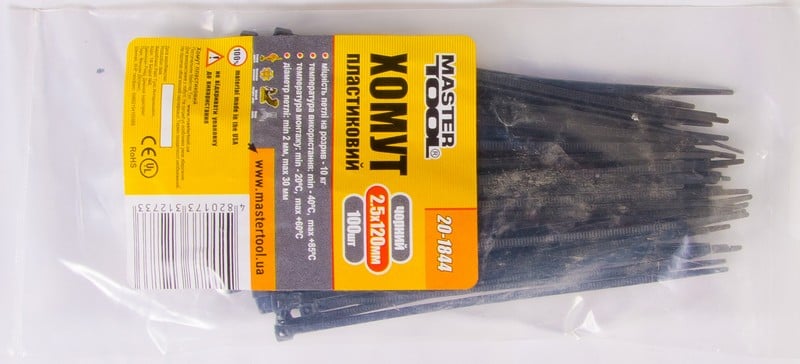 Хомут пластиковий MasterTool 2,5х120 мм 100 шт. Чорний (20-1844) Хомут пластиковий MasterTool 2,5х120 мм 100 шт. Чорний (20-1844)