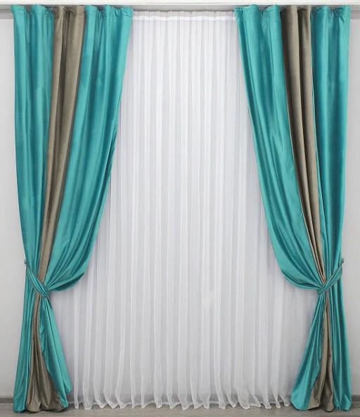 Шторы комбинированные бархат 1,5х2,75 м 2 шт. Бирюзовый/Болотный (016дк/887-1130-887ш)
