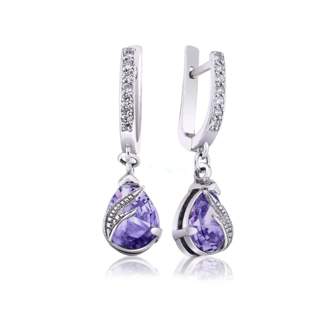 Серьги длинные с подвеской капельки с фиолетовыми камнями серебро 925 пробы родированное 4,18 г (72239л)