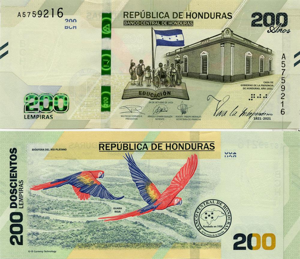 Коллекционная банкнота Гондурас 200 лемпир 2021 UNC Памятная-200 лет Независимости (Pnew)