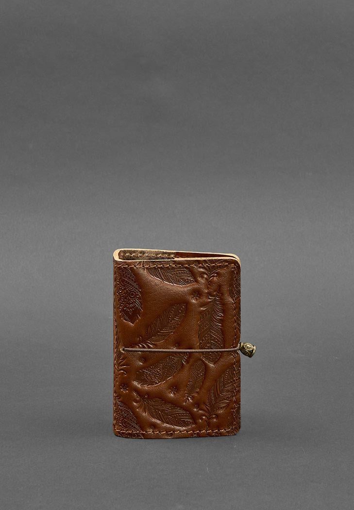 Кард-кейс женский кожаный 7.0 с перьями Светло-коричневый (A-027772)