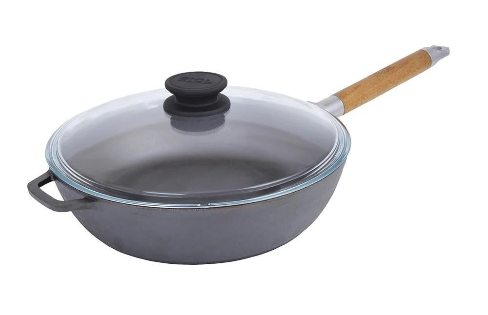 Сковорода чугунная высокая со стеклянной крышкой и съемной ручкой Биол 24 см (0324С)