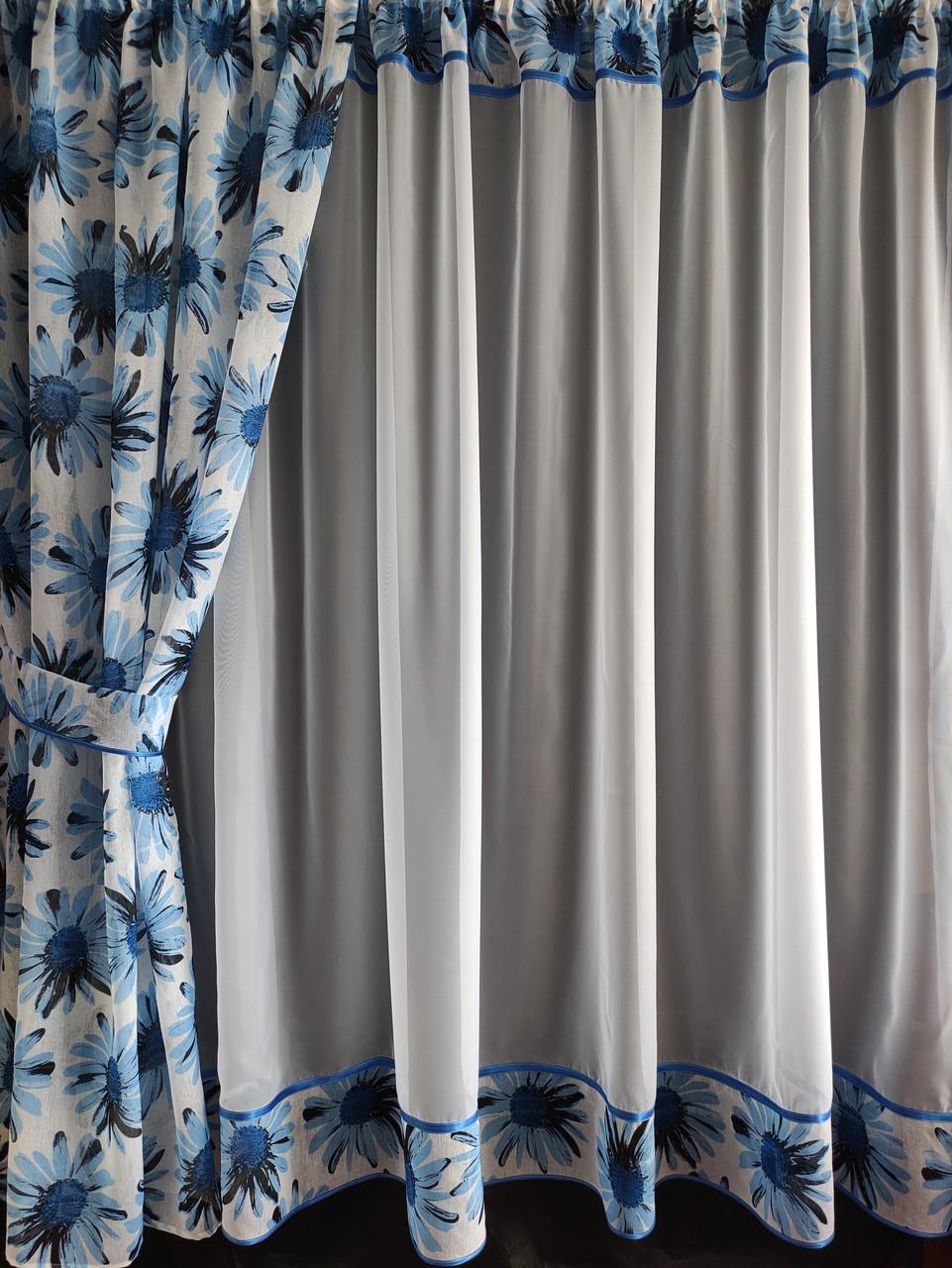 Комплект на кухонне вікно Ромашка шифон і батист з квітами 290х190 см Білий/Блакитний (ромашка-03) - фото 1 Комплект на кухонне вікно Ромашка шифон і батист з квітами 290х190 см Білий/Блакитний (ромашка-03) - фото 1