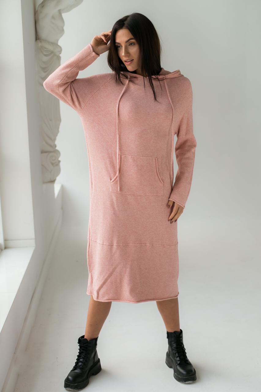Платье в спортивном стиле с карманом и капюшоном P-M XL/XXL Пудровый (9715)