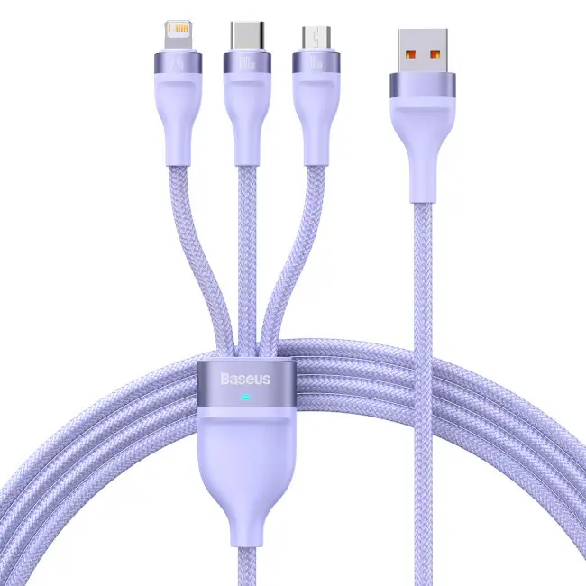 Кабель BASEUS Flash Series II 3в1 Cable USB to MicroUSB/Lightning/Type-C CASS030005 100W 1,2 м Purple - фото 1 Кабель BASEUS Flash Series II 3в1 Cable USB to MicroUSB/Lightning/Type-C CASS030005 100W 1,2 м Purple - фото 1