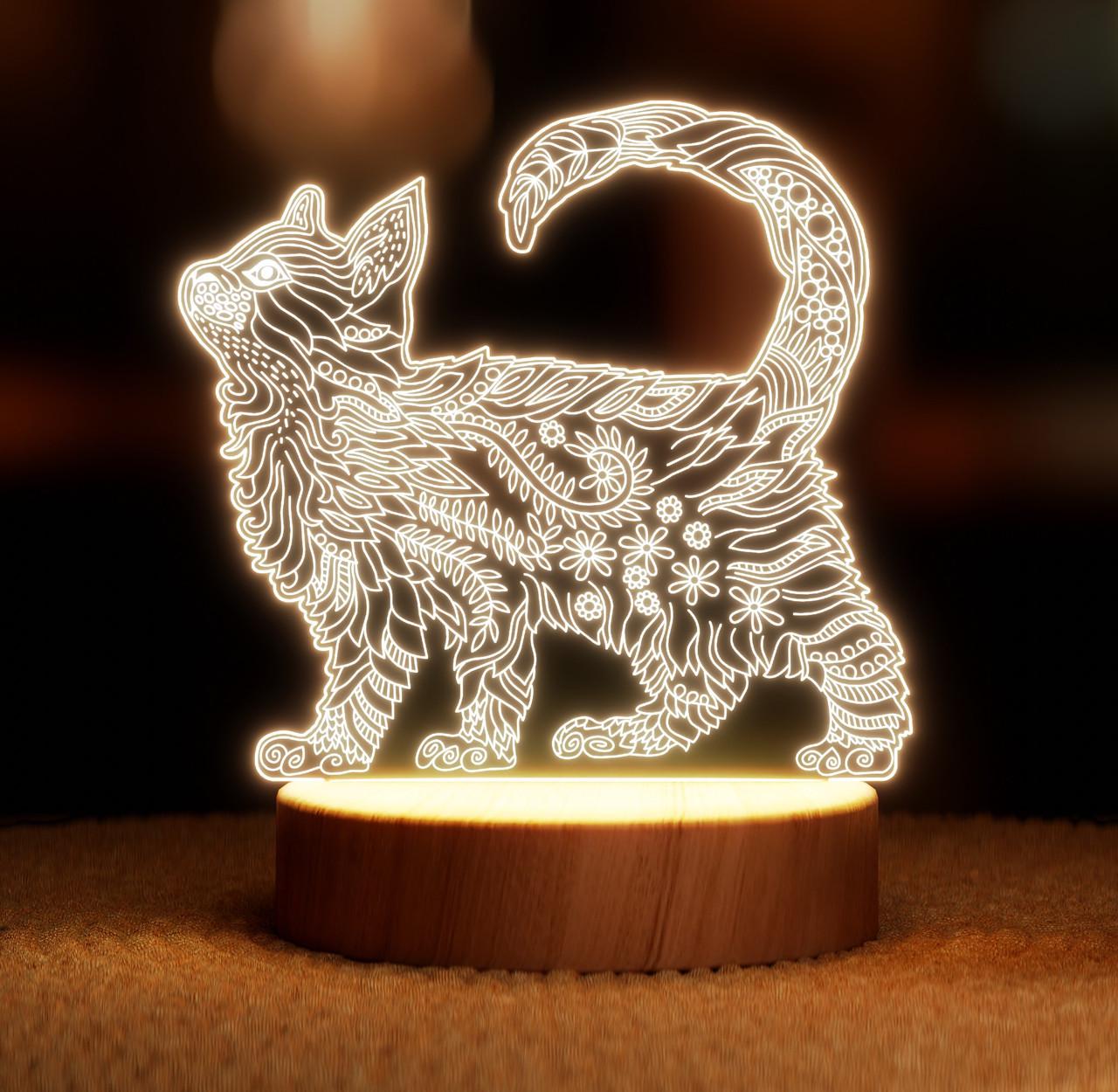 Ночник-светильник Lampic Кот с узорами USB дерево/акрил 15х17 см Желтый (32377332)