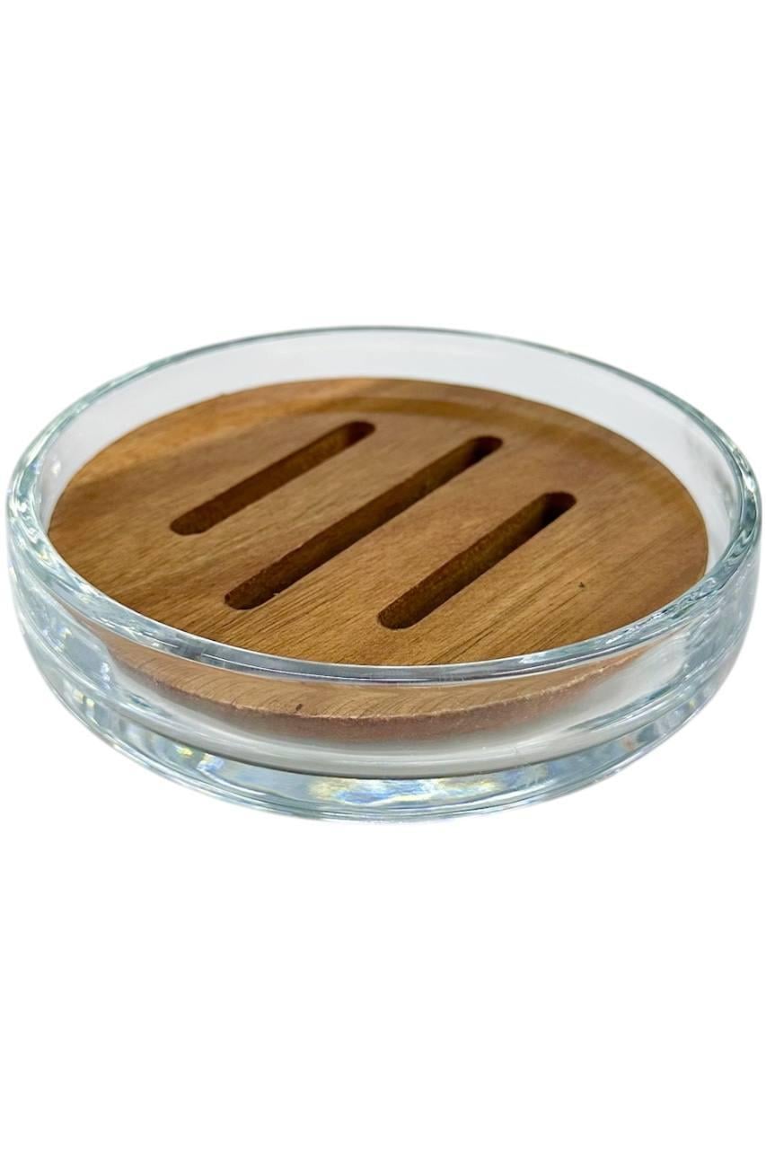 Мыльница стеклянная Difas с бамбуковой прозрачной подставкой 11,6 см (332796)
