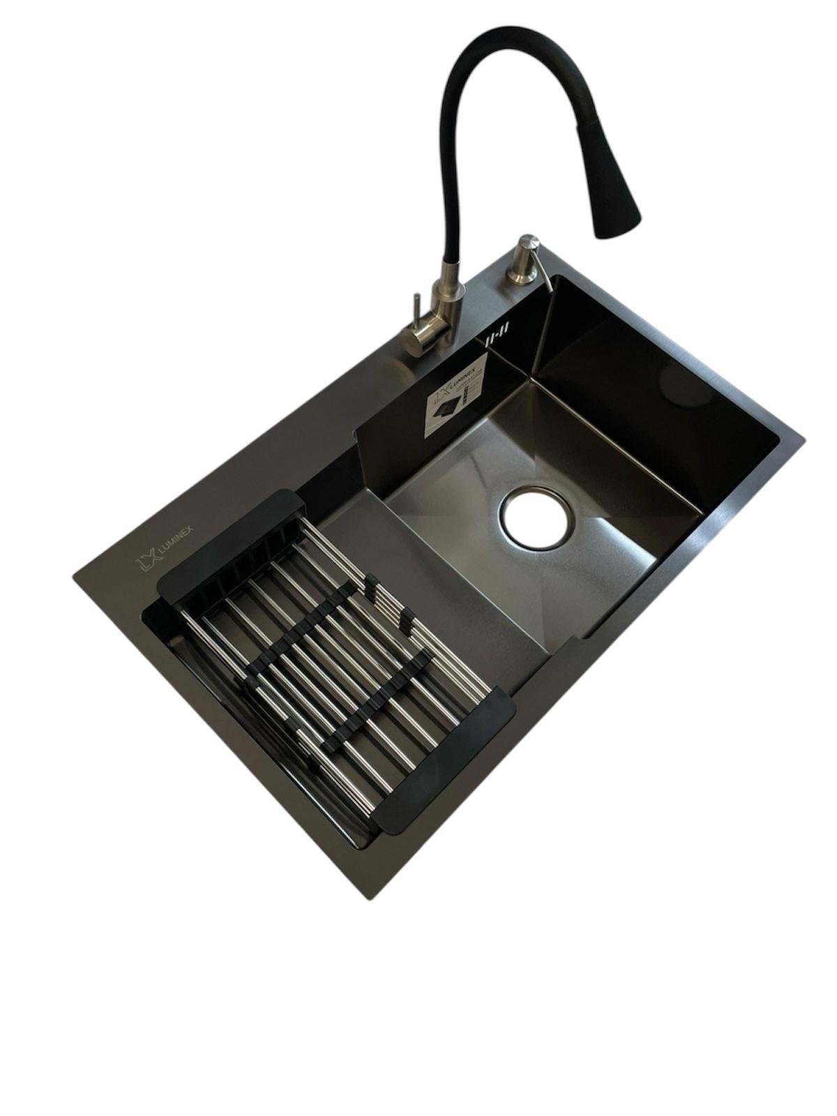 Мойка правая и кран с гибким изливом для кухни Luminex 78х48 см для кухни Черный (8809)