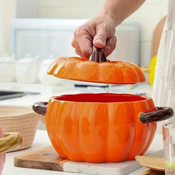 Кастрюля керамическая с антипригарным покрытием в виде Тыквы 1,5 л Оранжевый (Q00056) - фото 6