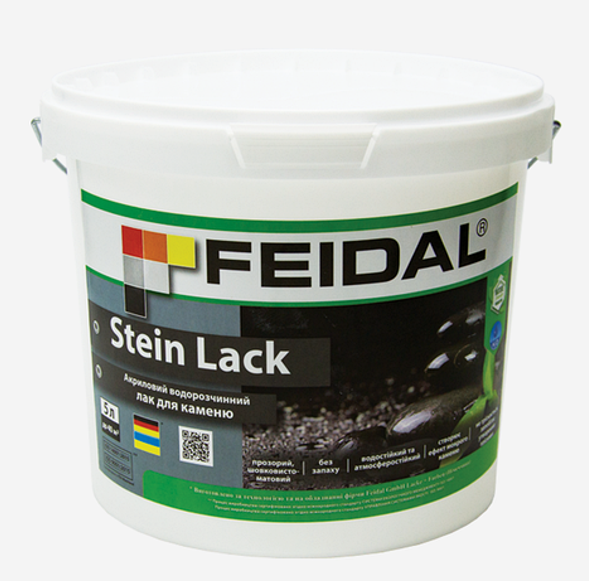 Лак акриловый водорастворимый Feidal Stein Lack шелковисто-матовый эффект мокрого камня 5 л Прозрачный (1816143244)