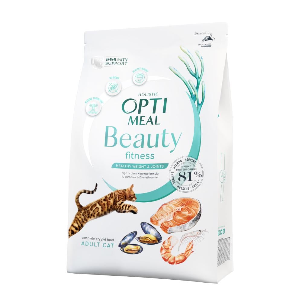 Сухой корм Optimeal Beauty Fitness для взрослых кошек с Морепродуктами, Здоровый вес и суставы 4 кг (4820215366045)