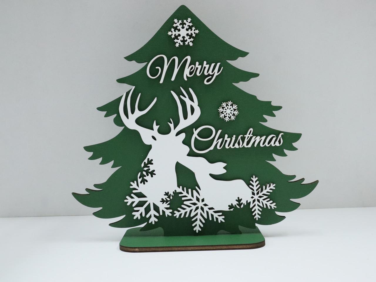Деревянная новогодняя декорация Елка с оленями Зеленый (1313333378)
