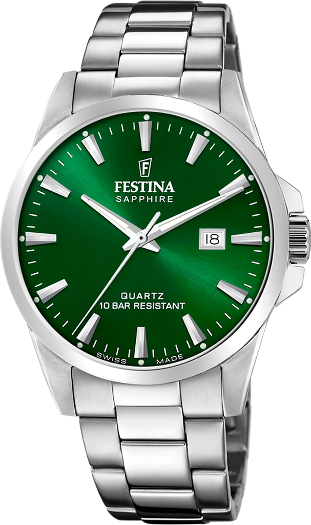 Наручний годинник чоловічий Festina F20024/6 Classics Swiss Made з сталевим корпусом/сапфіровим склом WR 100 м та зеленим циферблатом