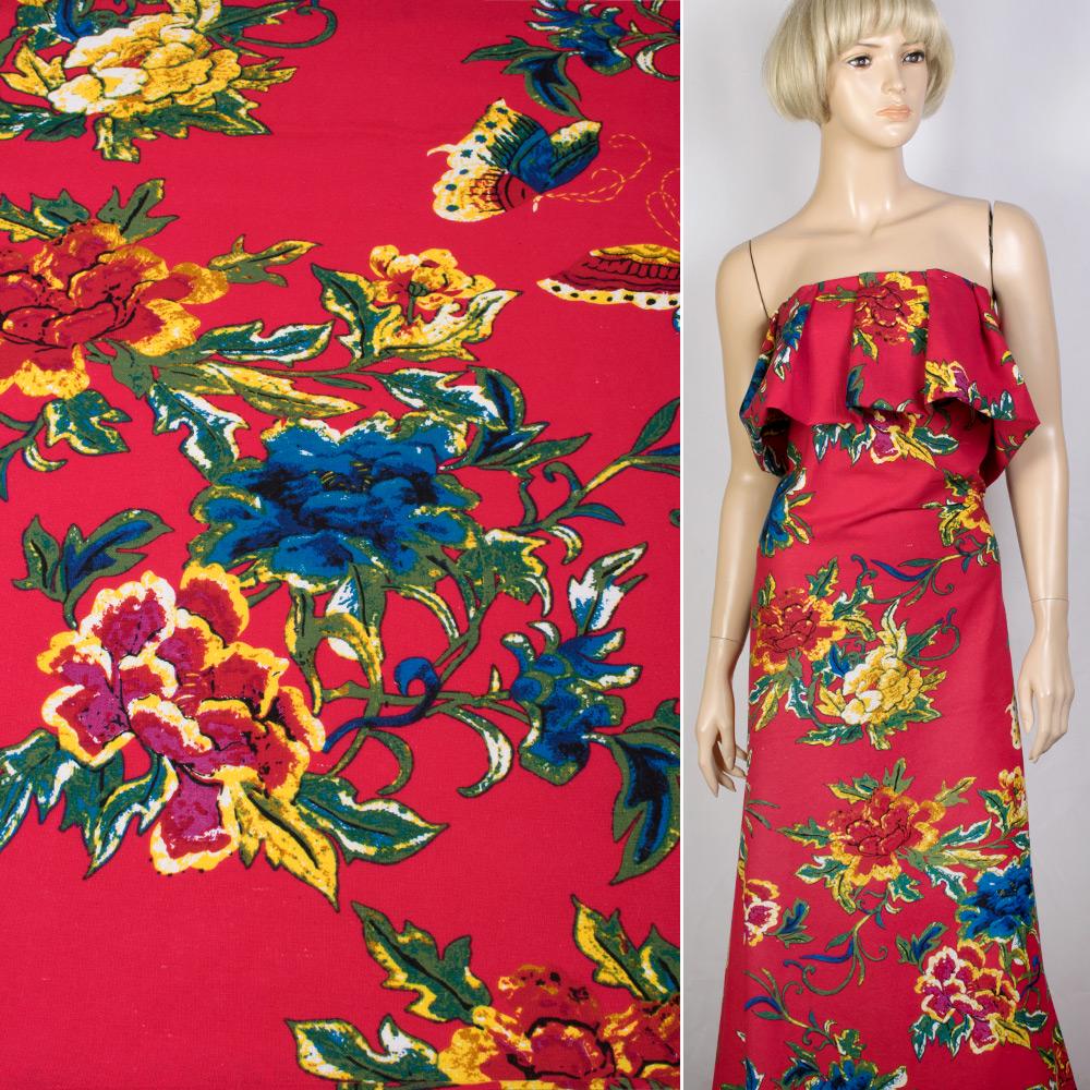 Тканина льон малиновий в квіти метелики ширина 145 см Червоний (12622.009) - фото 3