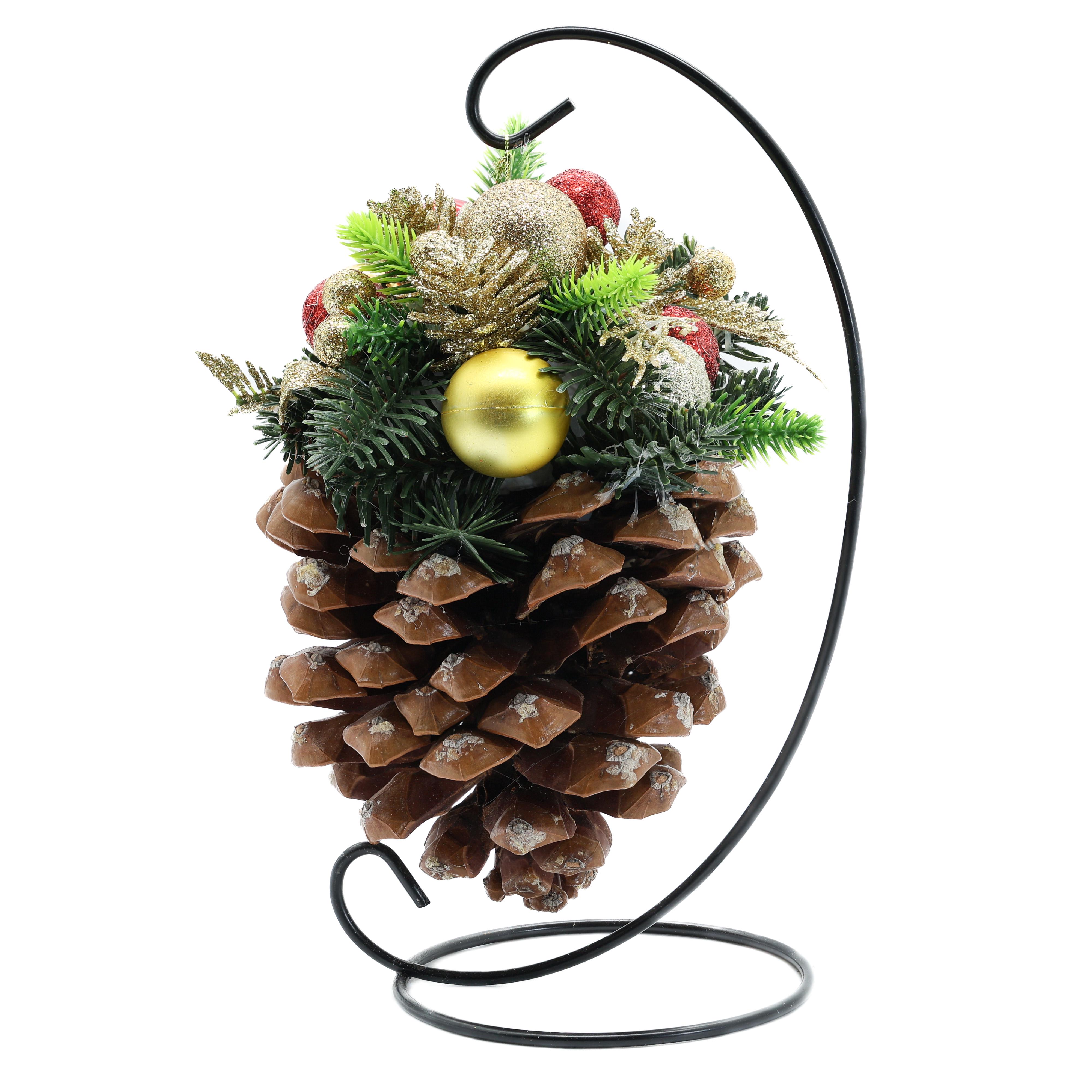 Композиция новогодняя Шишка на металлической подставке с шишками/сосной и ягодами 22 см (Ш1522)