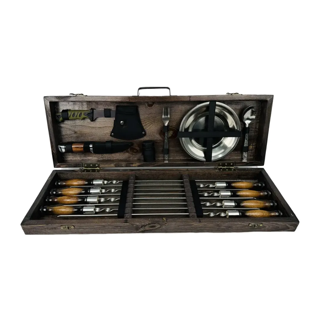 Набір шампурів у кейсі М'ясник середній дерев'яний з нержавіючої сталі (2-10-KS-7604)