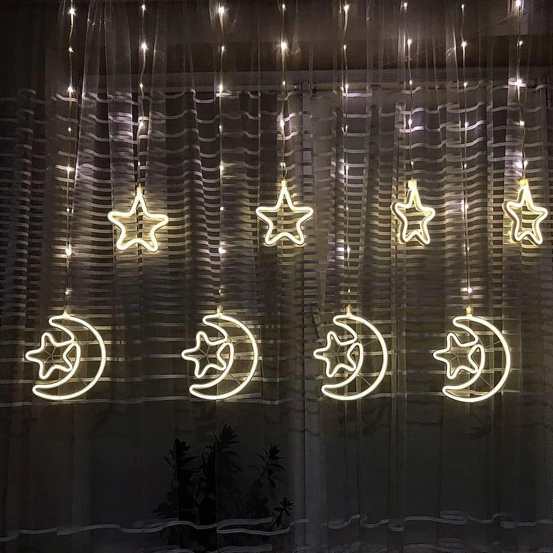 Світлодіодна вулична гірлянда "Зірки та Місяць" 2,5х0,8 м 138 LED з неоновими фігурками Теплий білий