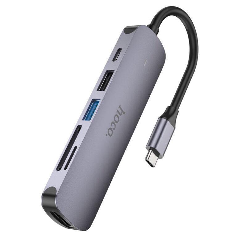 USB-хаб Hoco HB28 Type-C multi-function converter HDTV+USB3.0+USB2.0+SD+TF+PD Metal Gray (6931474769336)
