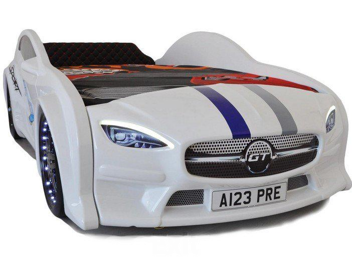 Кровать машина Mersedes GT с подсветкой и кожаным салоном 80х160 см Белый