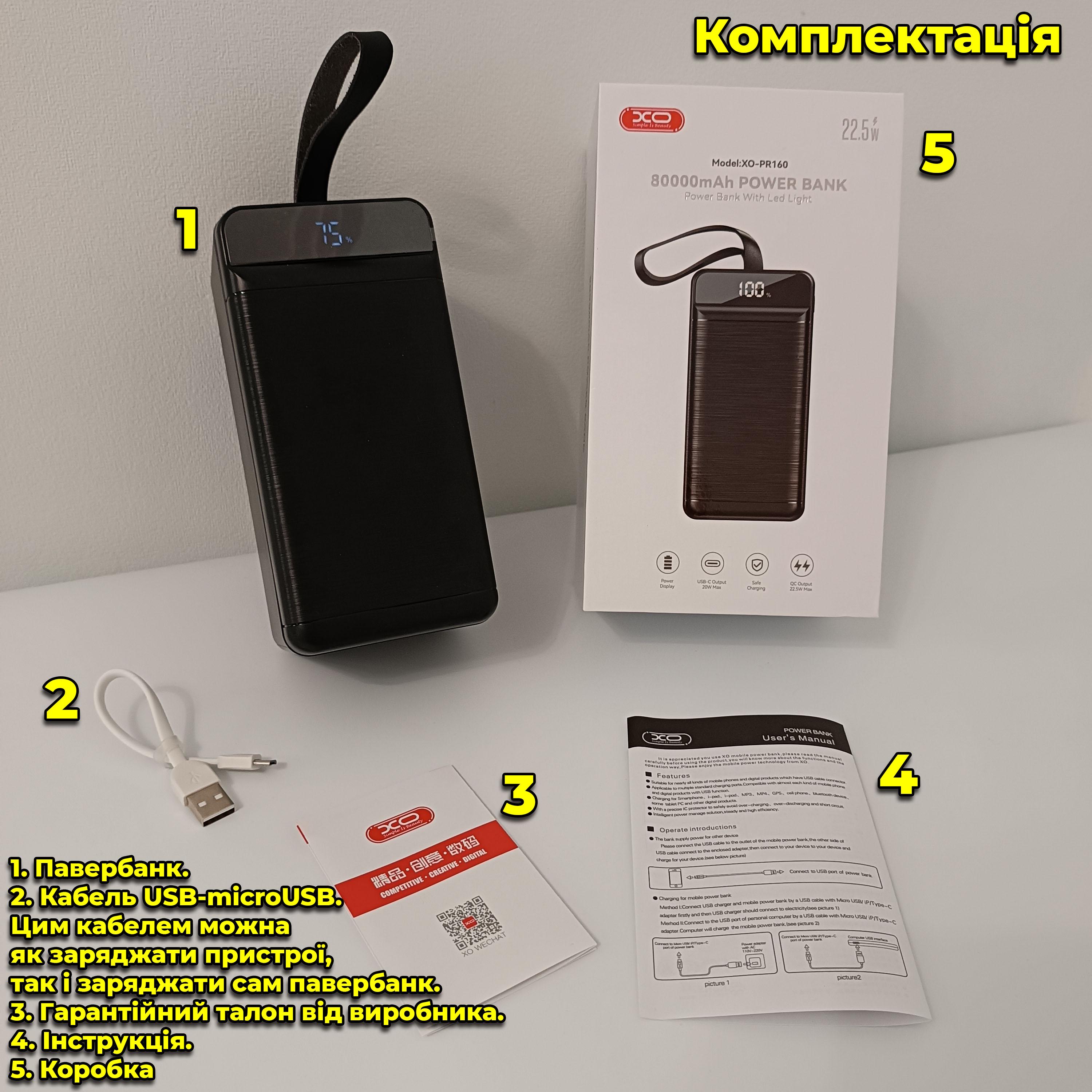 Повербанк XO PR160 з ліхтарем/3xUSB/Type-C/microUSB/Lightning 80000 mAh Чорний (00038) - фото 8