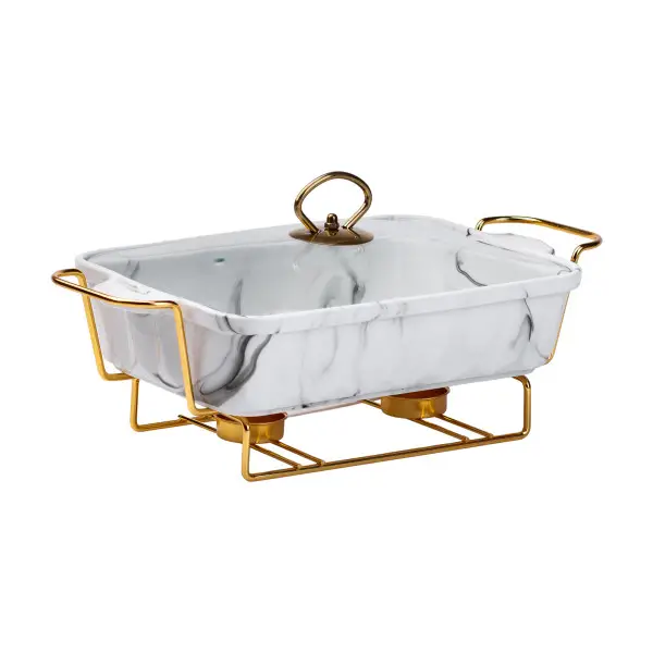 Мармитница настольная керамическая прямоугольная для вторых блюд 35х19х11,5 см 1,5 л Белый мрамор (6871)