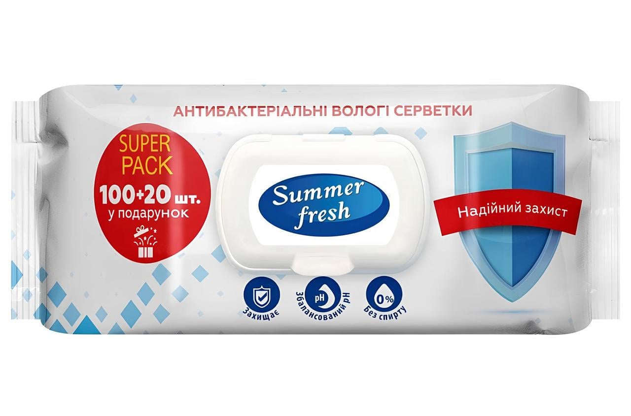 Влажные салфетки антибактериальные Summer Fresh Антибактериальные 120 шт. (000006317)