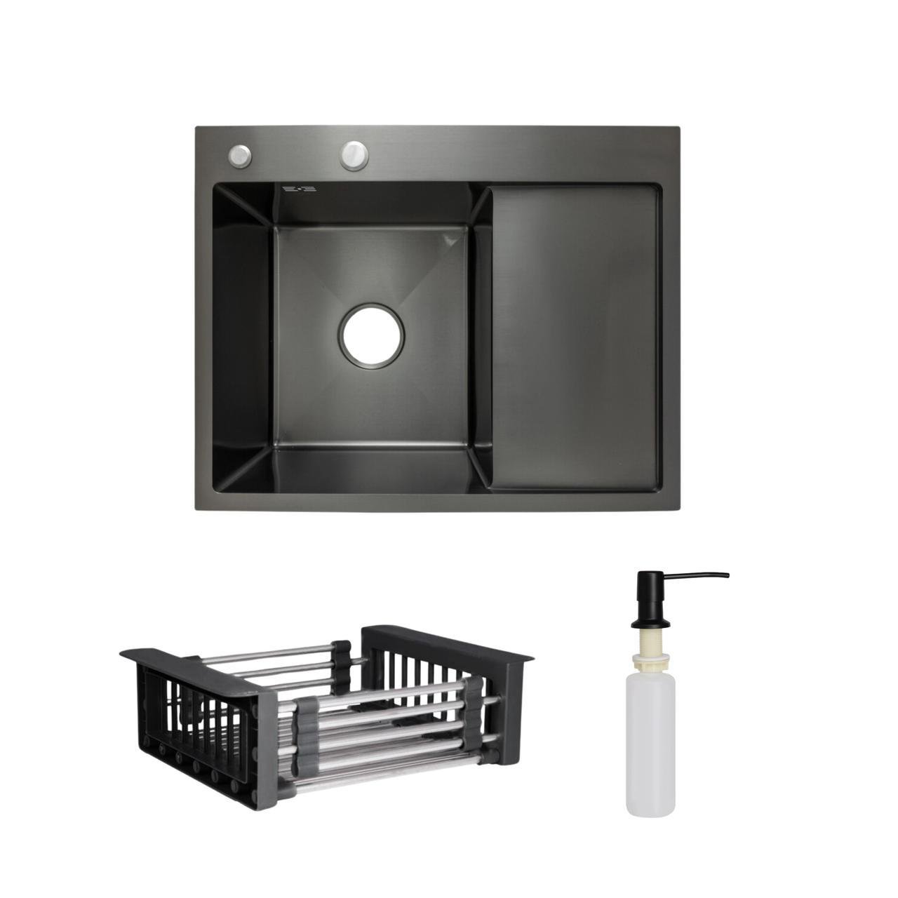 Мийка для кухні інтегрована Lidz Handmade H6350BR крило зправа PVD Black з дозатором і Lidz K01B корзиною (2553560854)