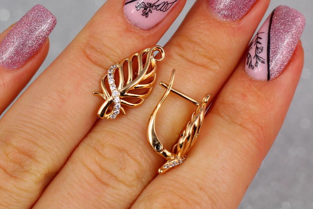 Серьги Xuping Jewelry Листик с резной серединой 2 см Золотистый