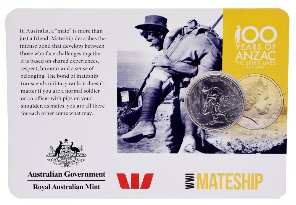 Коллекционная монета Австралия 20 центов 2015 UNC Первая мировая война 2014-2018 - Mateship в блистере (М14318)
