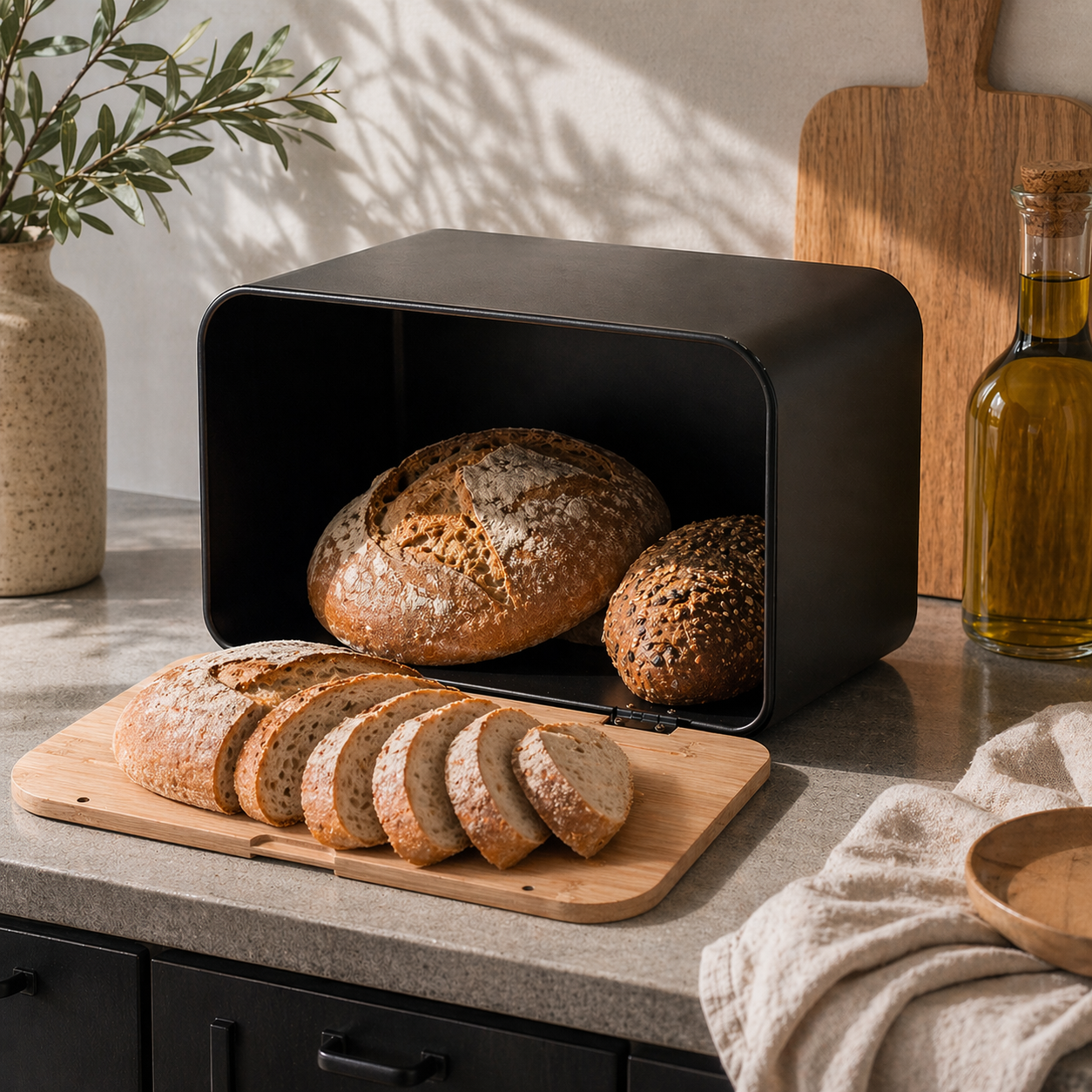 Хлебница Maestro MR-1770-BLACK металлическая с деревянной крышкой-доской 35x21x21 см Черный (34175257)