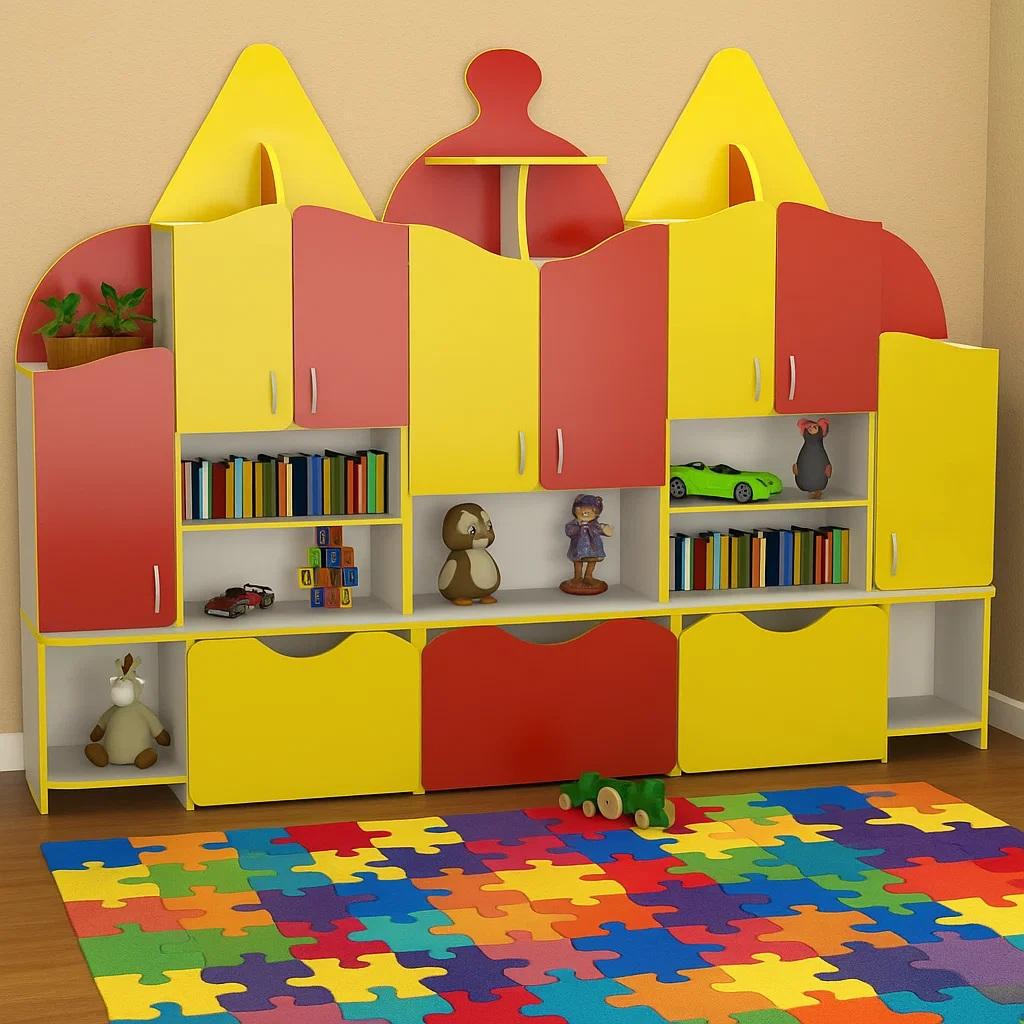 Стенка для детских игрушек Домик DS-1004 2600x420x1900 мм Желтый с красным