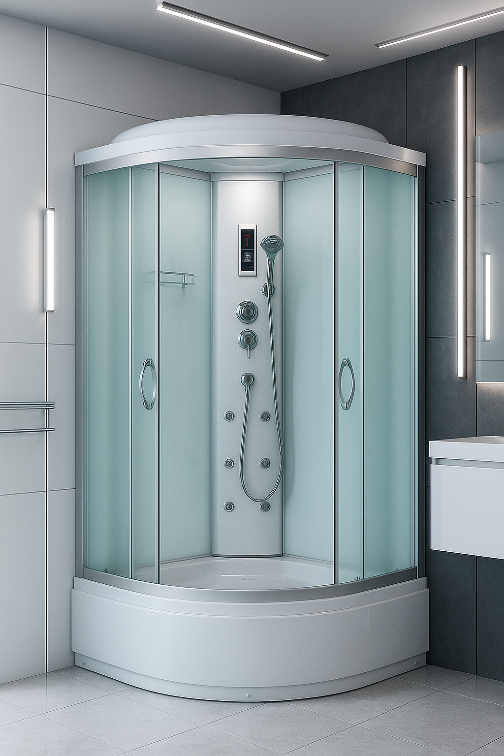 Душевой бокс KO&PO полукруглый с гидромассажем и электроникой поддон 40 см матовое стекло раздвижная дверь 90х90х215 см (C14509)