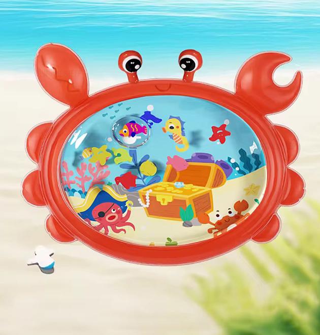 Коврик водяной детский Краб развивающий надувной с рыбками и насосом 85х110 см Красный - фото 6