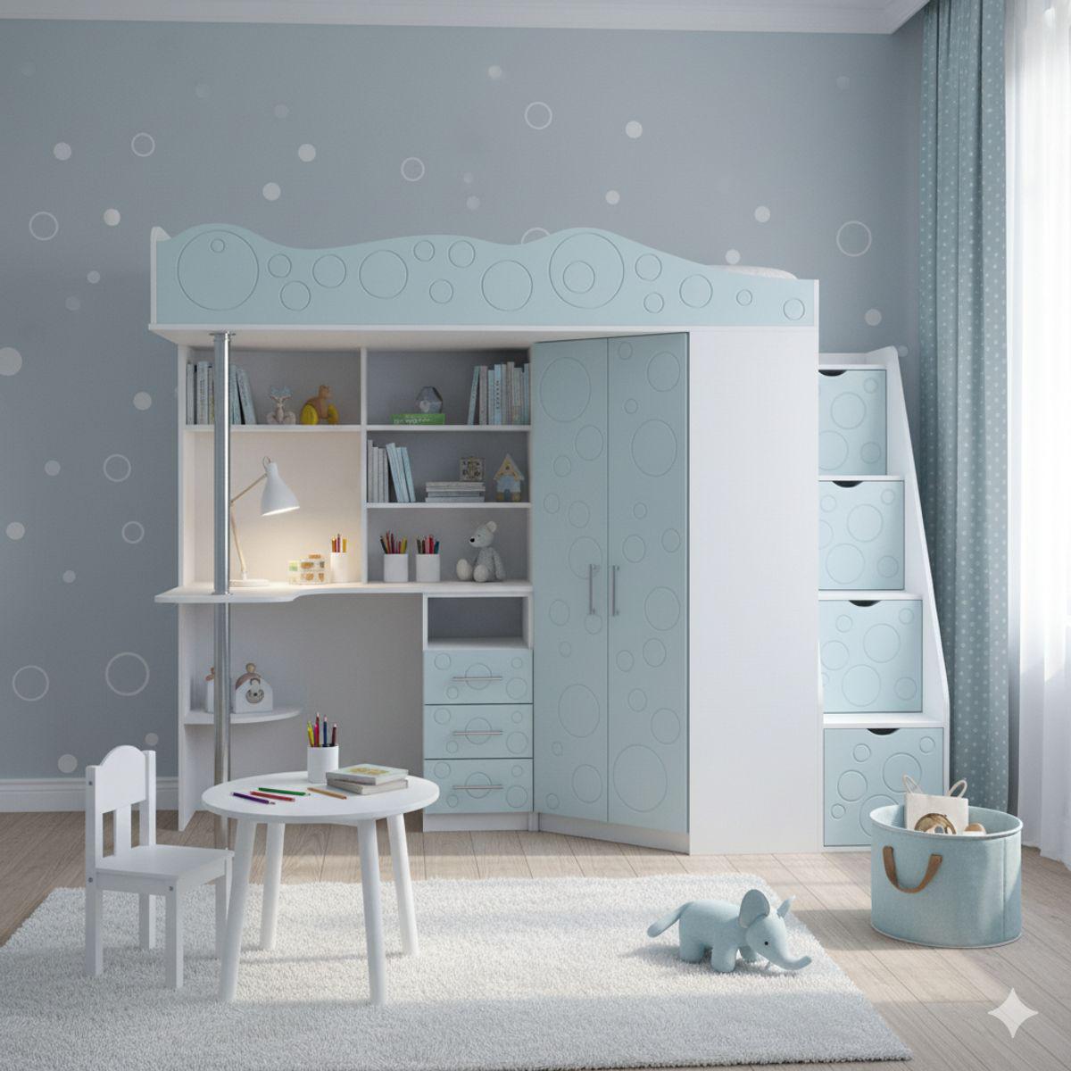 Кровать-чердак детский AiH Binky ДС37А правый с рабочей зоной/шкафом и ящиками 80х190 см Белый бриллиант/Голубая лагуна (BK02010021000)