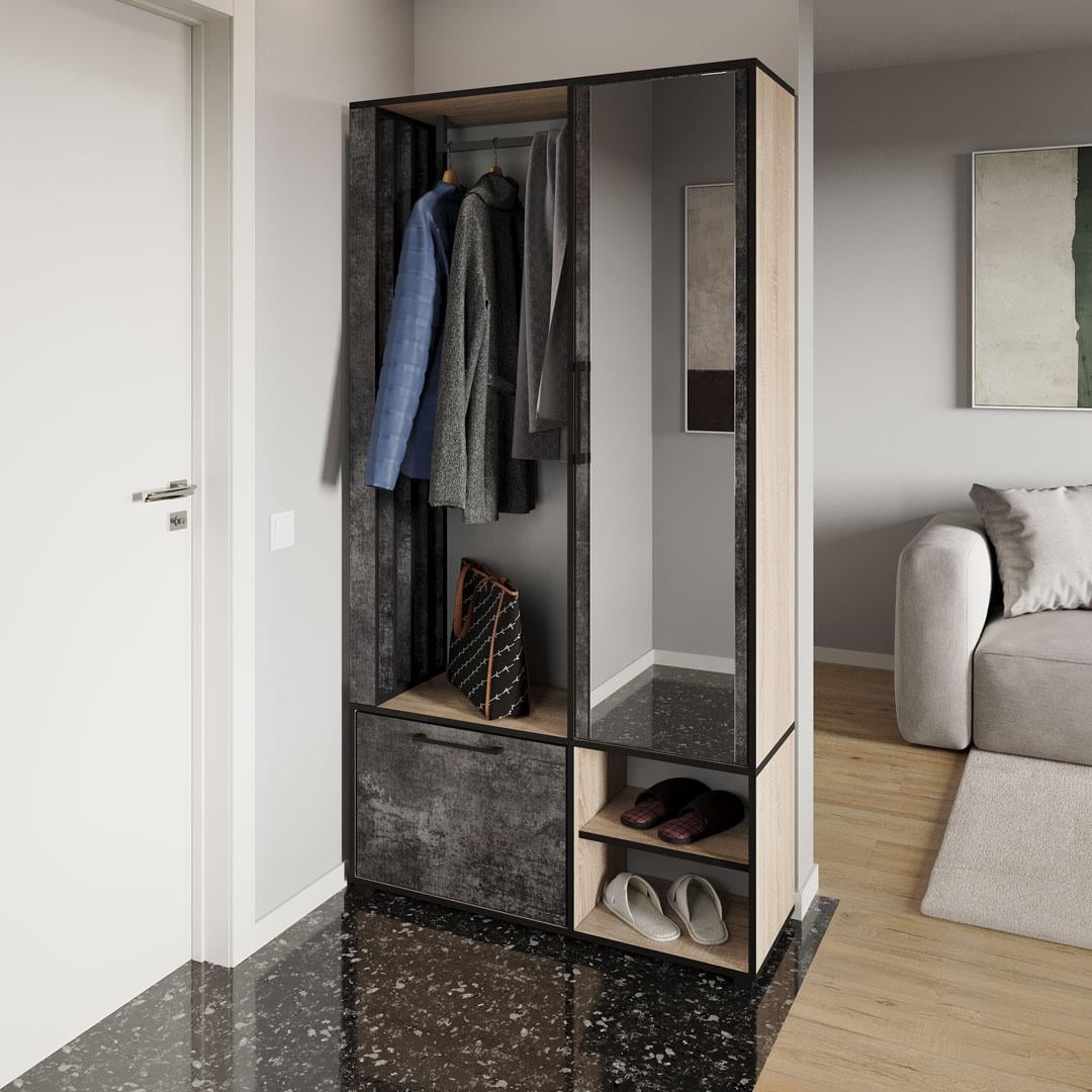 Передпокій Moreli KO-0003 з дзеркалом/дверцятами та штангою для одягу 1000х1900х330 мм Дуб сонома/Бетон Темний (27687725)