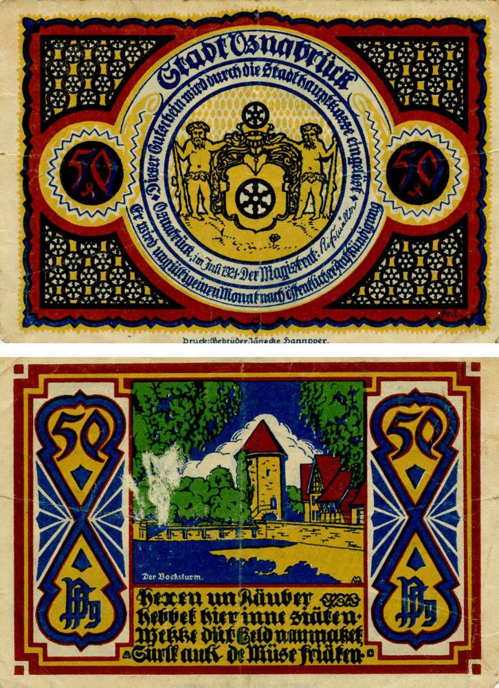 Коллекционная банкнота Германия Нотгельд 50 пфеннигов 1921 F-VF Оснабрюк Разновидность 1 (Б18628)