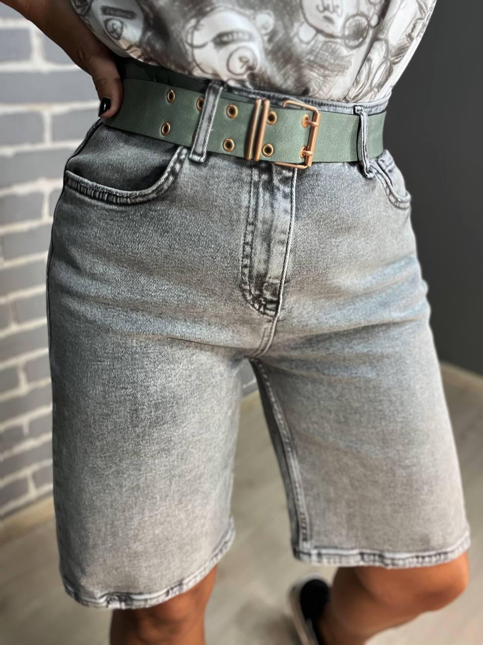 Шорти жіночі джинсові SESSANTA 16756 Mом бермуди зелений ремінь стрейчеві р. 30 Сірий (2409)